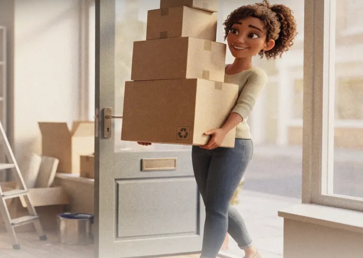 A shop owner carrying boxes into her new premises